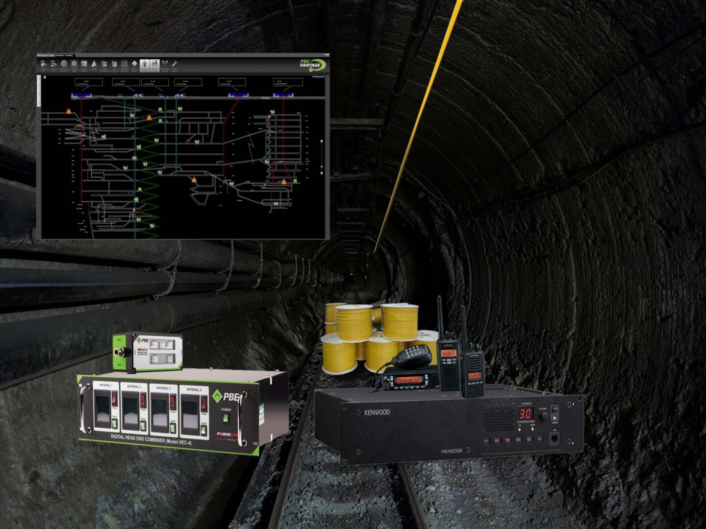 A picture of a train in a tunnel with several electronic devices.